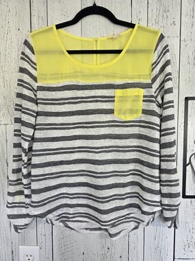 E&M Neon Yellow Contrast Striped Long Sleeve Top – Size Medium Casual